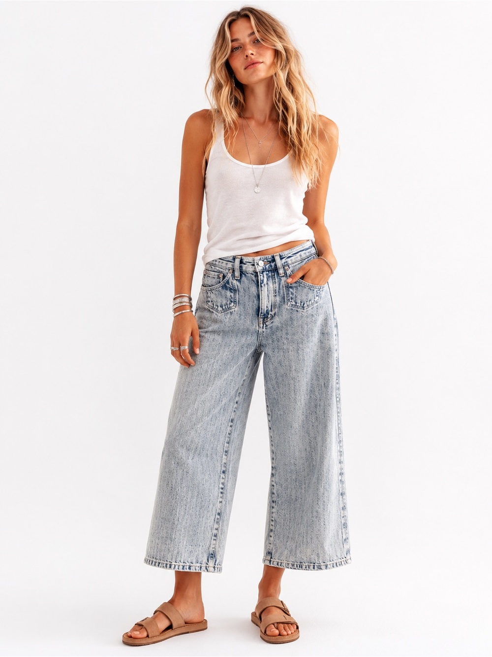 Free People Light Blue Stripe Wide Leg High Waist Jeans